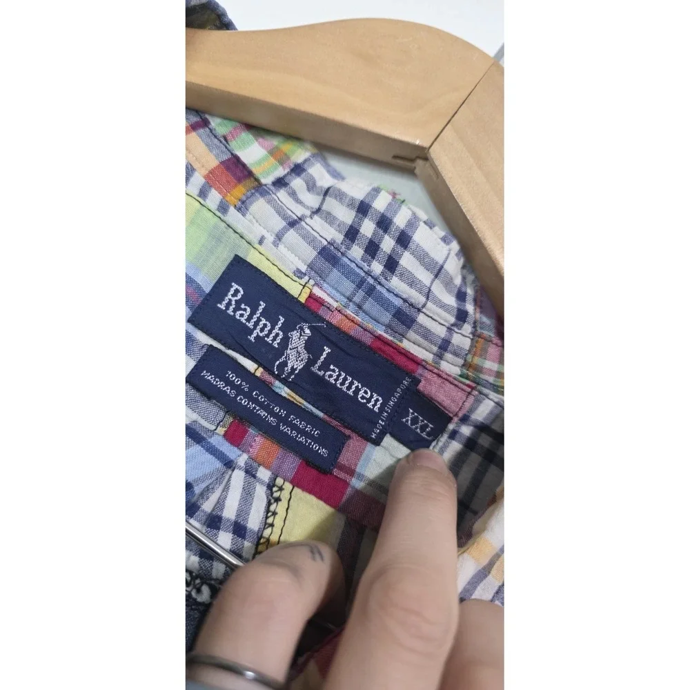 Vintage Polo Ralph Lauren Men's XXL Patchwork‎ Shirt Madras Y2K Casual Vacay EUC